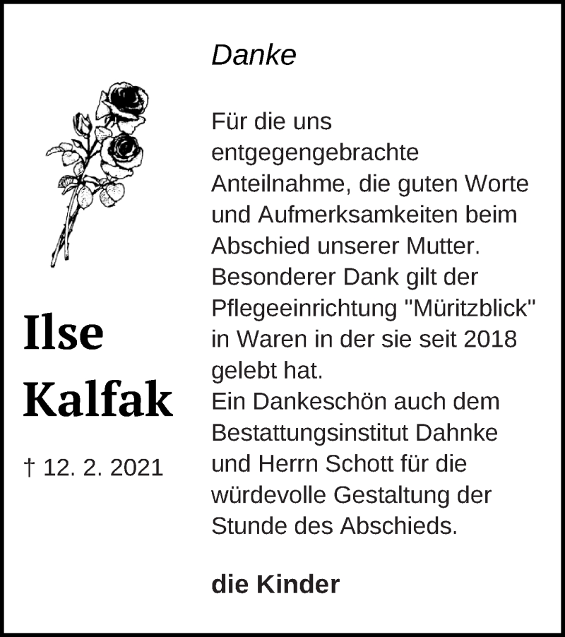  Traueranzeige für Ilse Kalfak vom 06.03.2021 aus Müritz-Zeitung