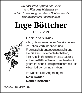 Traueranzeige von Inge Böttcher von Müritz-Zeitung