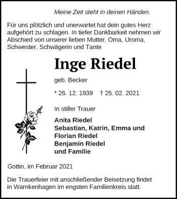 Traueranzeige von Inge Riedel von Mecklenburger Schweiz