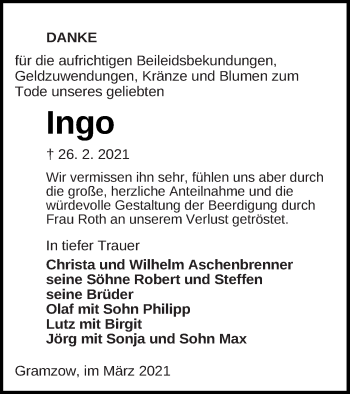 Traueranzeige von Ingo  von Prenzlauer Zeitung