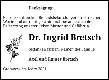 Traueranzeige von Ingrid Bretsch von Prenzlauer Zeitung