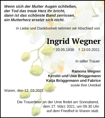 Traueranzeige von Ingrid Wegner von Müritz-Zeitung