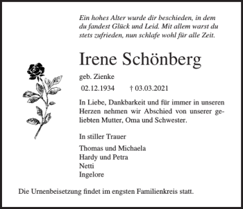 Traueranzeige von Irene Schönberg von Norddeutsche Neueste Nachrichten