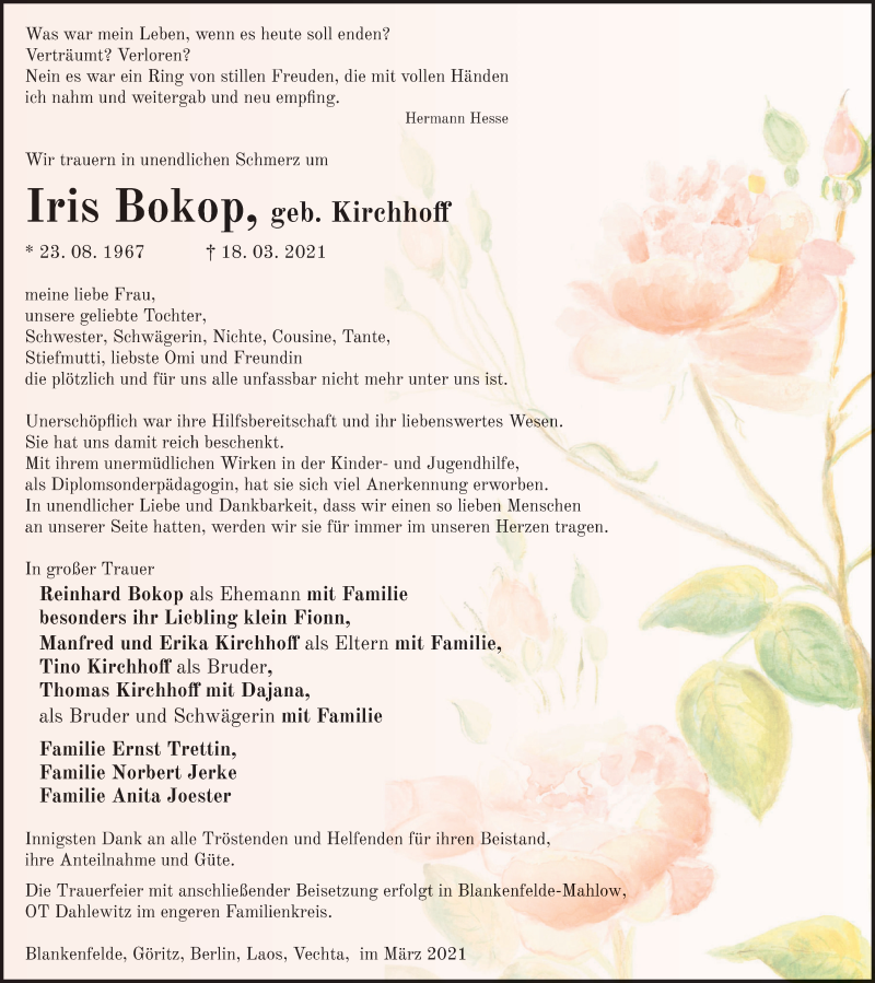  Traueranzeige für Iris Bokop vom 27.03.2021 aus Prenzlauer Zeitung