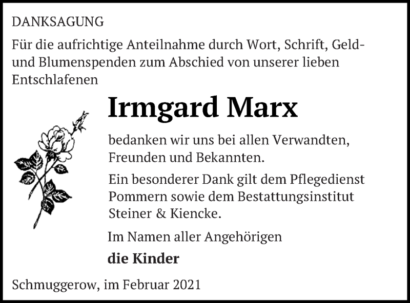  Traueranzeige für Irmgard Marx vom 09.03.2021 aus Vorpommern Kurier