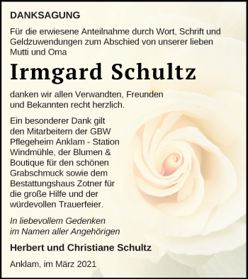 Traueranzeige von Irmgard Schultz von Vorpommern Kurier
