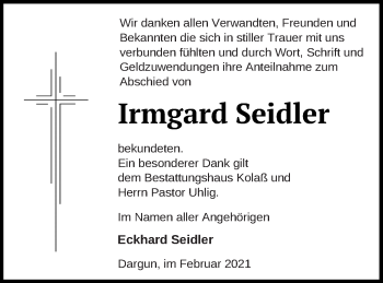 Traueranzeige von Irmgard Seidler von Mecklenburger Schweiz