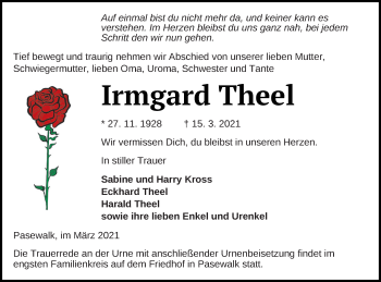 Traueranzeige von Irmgard Theel von Pasewalker Zeitung