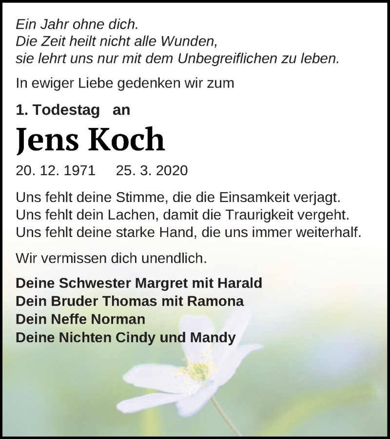  Traueranzeige für Jens Koch vom 25.03.2021 aus Neubrandenburger Zeitung