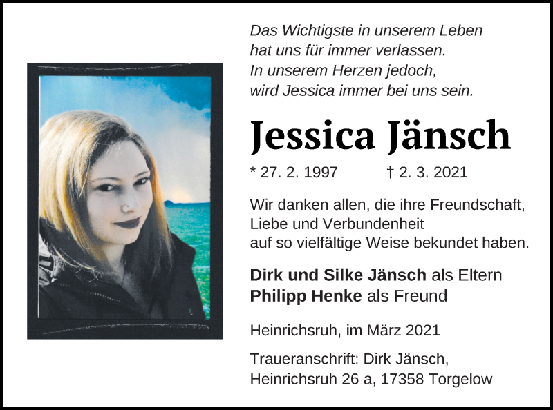  Traueranzeige für Jessica Jänsch vom 12.03.2021 aus Haff-Zeitung