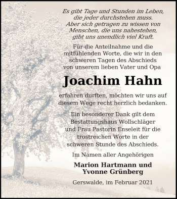 Traueranzeige von Joachim Hahn von Templiner Zeitung