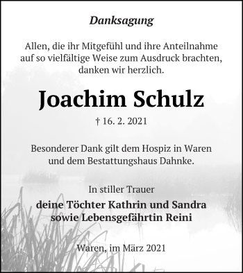 Traueranzeige von Joachim Schulz von Müritz-Zeitung