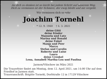 Traueranzeige von Joachim Tornehl von Vorpommern Kurier