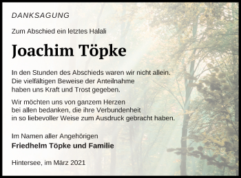 Traueranzeige von Joachim Töpke von Haff-Zeitung