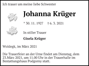 Traueranzeige von Johanna Krüger von Strelitzer Zeitung