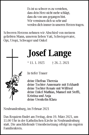 Traueranzeige von Josef Lange von Neubrandenburger Zeitung