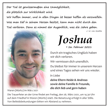 Traueranzeige von Joshua  von Müritz-Zeitung