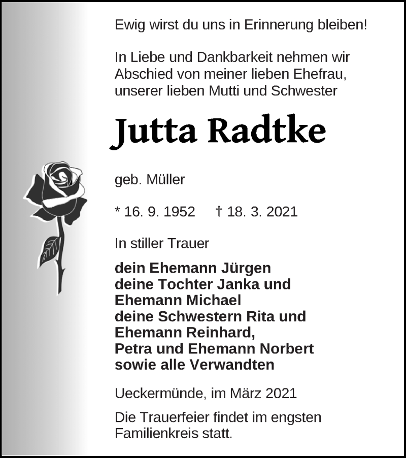 Traueranzeige für Jutta Radtke vom 27.03.2021 aus Haff-Zeitung