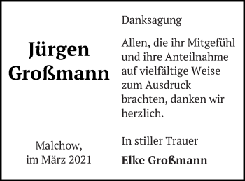 Traueranzeige von Jürgen Großmann von Müritz-Zeitung