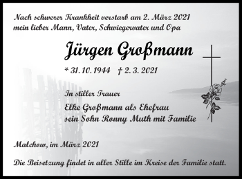 Traueranzeige von Jürgen Großmann von Müritz-Zeitung