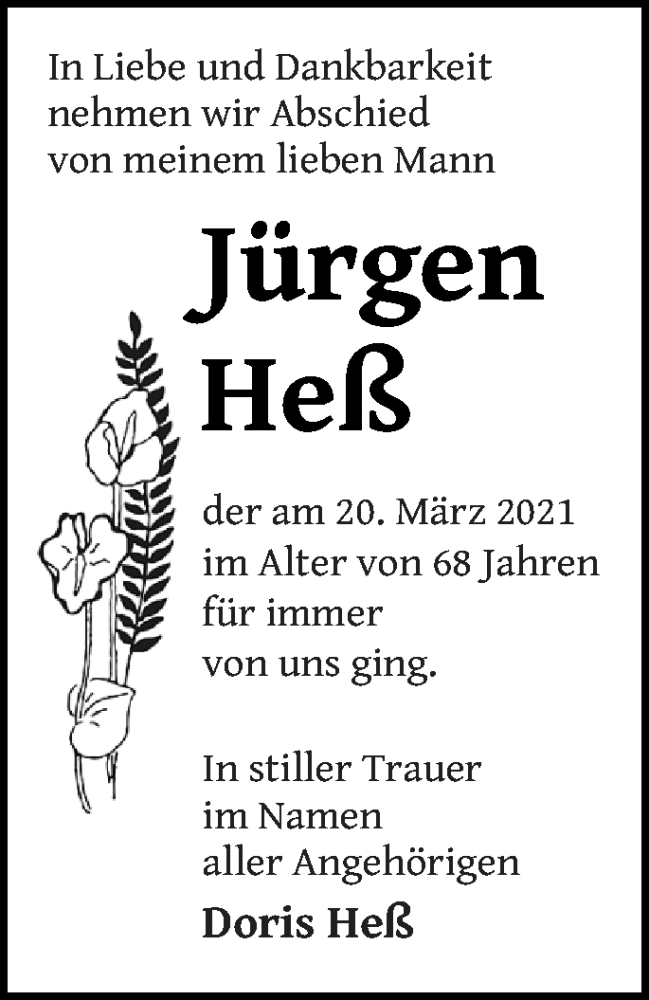  Traueranzeige für Jürgen Heß vom 24.03.2021 aus Vorpommern Kurier