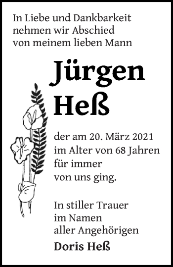 Traueranzeige von Jürgen Heß von Vorpommern Kurier