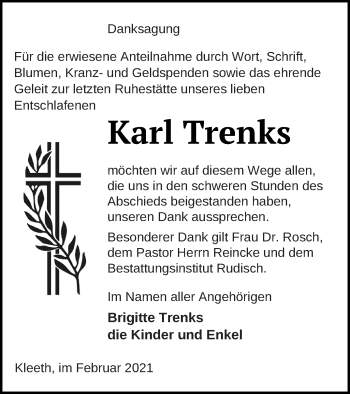 Traueranzeige von Karl Trenks von Neubrandenburger Zeitung