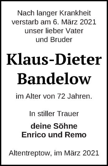 Traueranzeige von Klaus-Dieter Bandelow von Neubrandenburger Zeitung