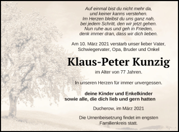 Traueranzeige von Klaus-Peter Kunzig von Vorpommern Kurier