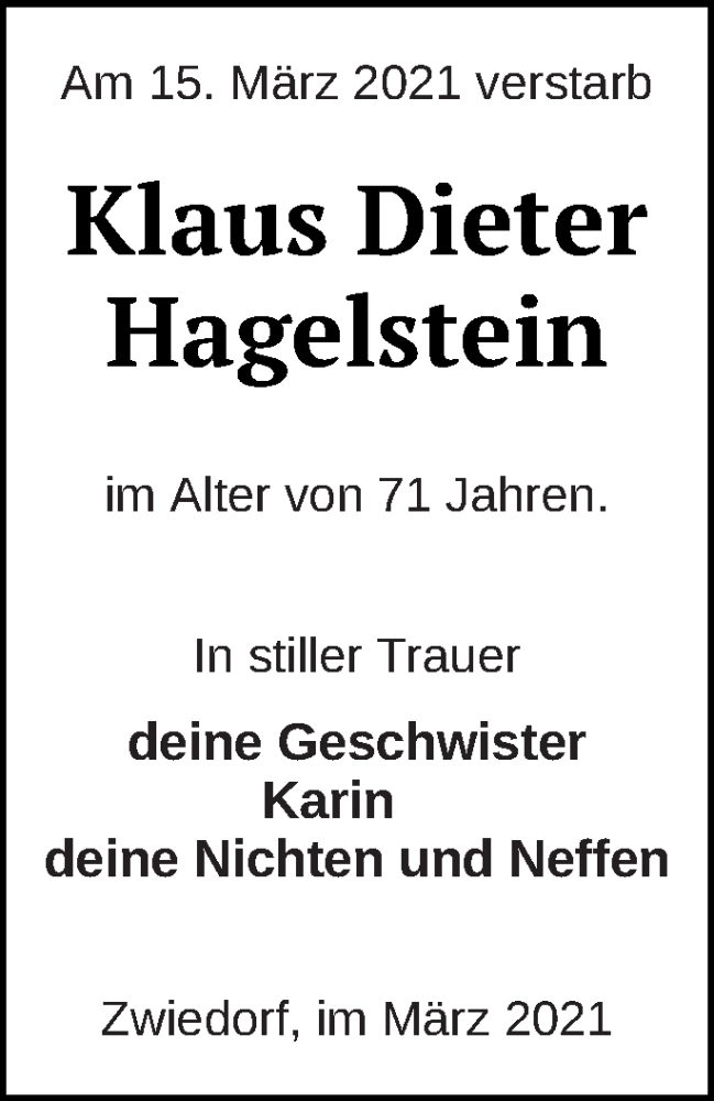 Traueranzeige für Klaus Dieter Hagelstein vom 23.03.2021 aus Neubrandenburger Zeitung