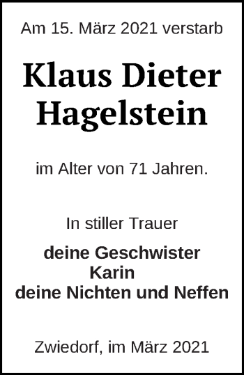 Traueranzeige von Klaus Dieter Hagelstein von Neubrandenburger Zeitung