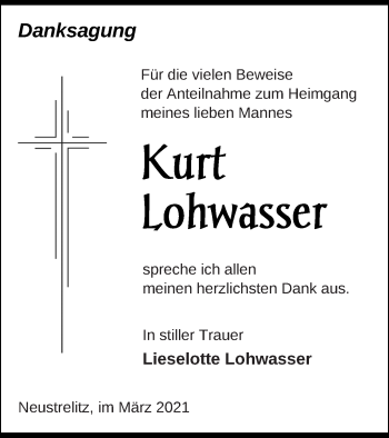 Traueranzeige von Kurt Lohwasser von Strelitzer Zeitung