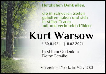 Traueranzeige von Kurt Warsow von Zeitung für die Landeshauptstadt