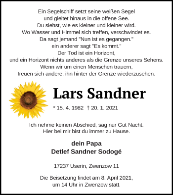 Traueranzeige von Lars Sandner von Strelitzer Zeitung