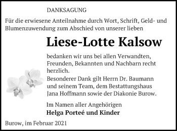 Traueranzeige von Liese-Lotte Kalsow von Neubrandenburger Zeitung