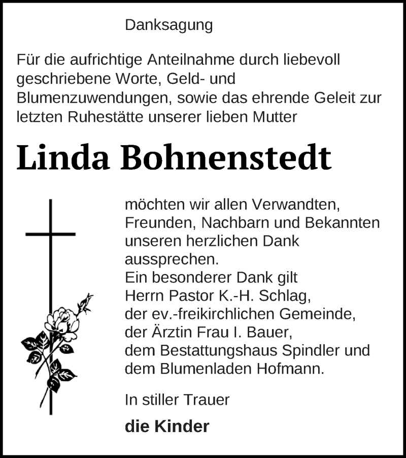  Traueranzeige für Linda Bohnenstedt vom 03.03.2021 aus Mecklenburger Schweiz