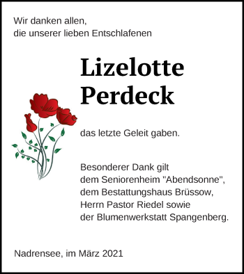 Traueranzeige von Lizelotte Perdeck von Pasewalker Zeitung