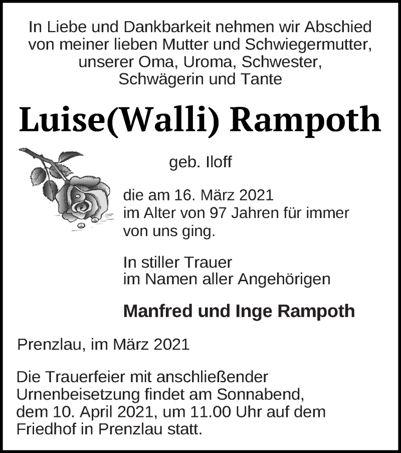 Traueranzeigen Von Luise Rampoth | Trauer Nordkurier