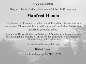 Traueranzeige von Manfred Hemm von Neubrandenburger Zeitung