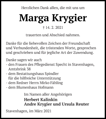 Traueranzeige von Marga Krygier von Demminer Zeitung