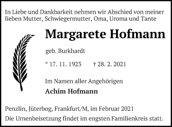 Traueranzeige von Margarete Hofmann von Müritz-Zeitung