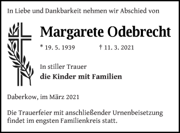 Traueranzeige von Margarete Odebrecht von Vorpommern Kurier