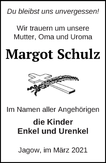 Traueranzeige von Margot Schulz von Prenzlauer Zeitung