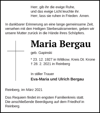 Traueranzeige von Maria Bergau von Demminer Zeitung