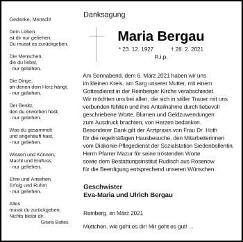 Traueranzeige von Maria Bergau von Neubrandenburger Zeitung