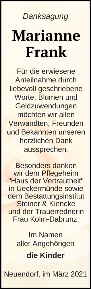 Traueranzeige von Marianne Frank von Vorpommern Kurier