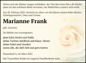 Traueranzeige von Marianne Frank von Vorpommern Kurier