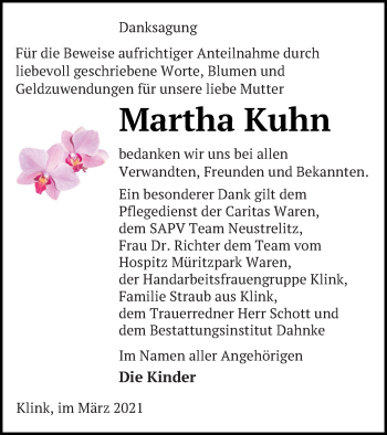 Traueranzeige von Martha Kuhn von Müritz-Zeitung