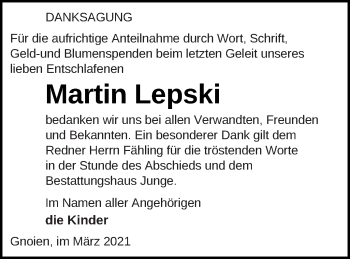 Traueranzeige von Martin Lepski von Mecklenburger Schweiz