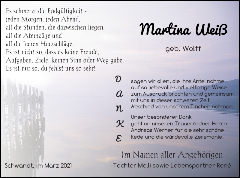  Traueranzeige für Martina Weiß vom 24.03.2021 aus Neubrandenburger Zeitung